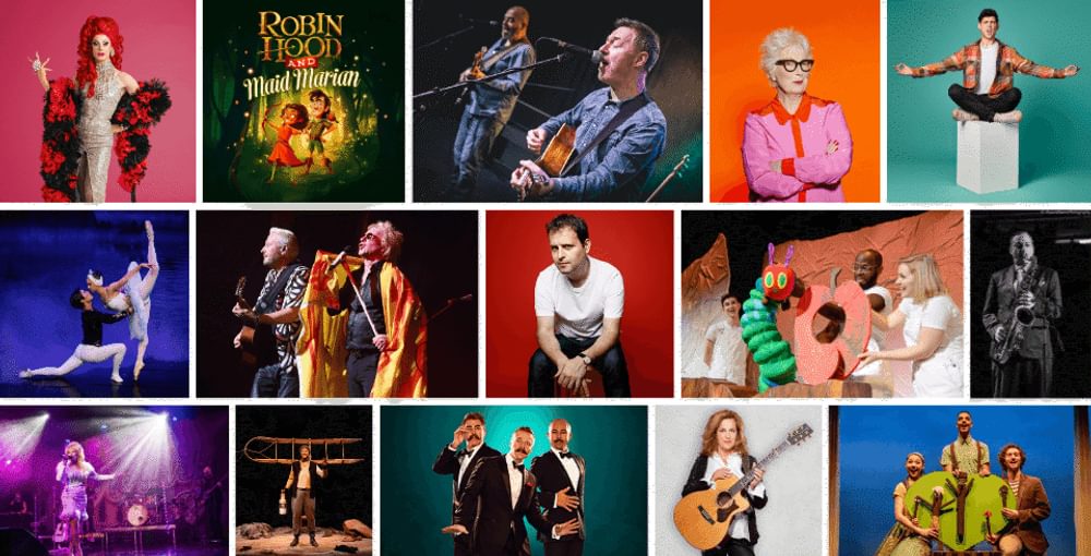 A collage of colourful images of shows coming to the Corn Exchange