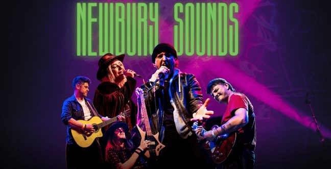 A group of performers in a collage in front f a pink backdrop and a green title saying 'Newbury Sounds'