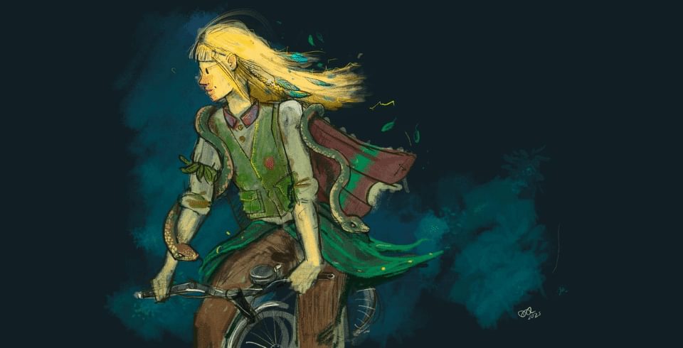 A illustration of a person on a bike with long blonde hair and a green and brown outfit
