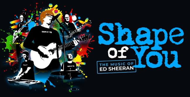 A guitarist illustration with the words 'Shape of You' to the right against a black backdrop