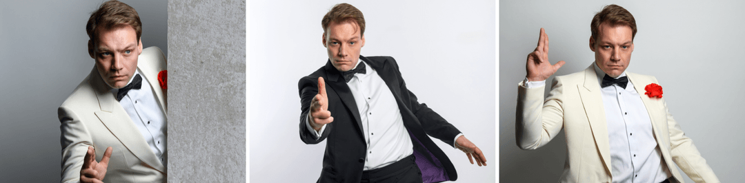 Three images in a row of a man posing in a suit doing a finger gun
