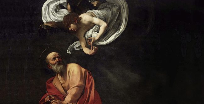 A painting of an angelic figure looking down towards a man wearing orange and red robes with a halo around his head.
