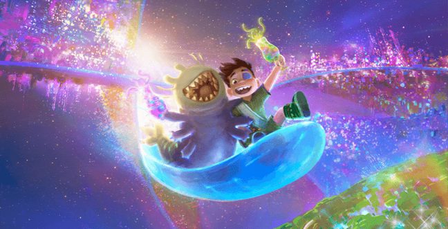 An animated boy and an alien flying through space with lots of bright colours around them.