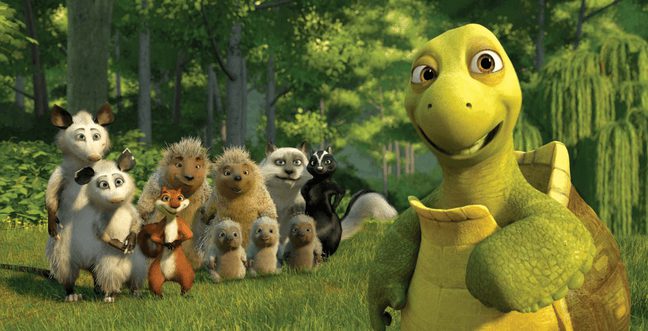 An animated turtle stands in front of a group of animals in a woodland