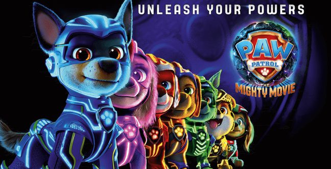 seven cartoon dogs in a diagonal line in glowing suits