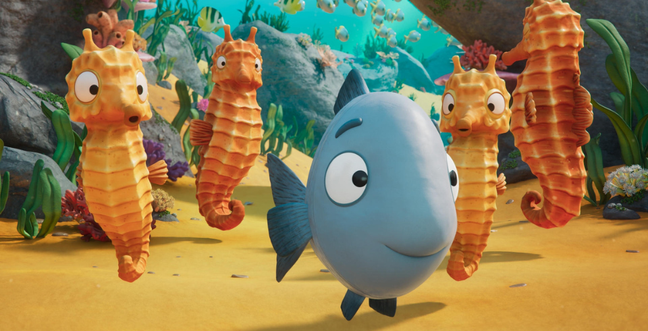 A cartoon blue fish with 4 seahorses in yellow/orange behind. They are on the sea floor.