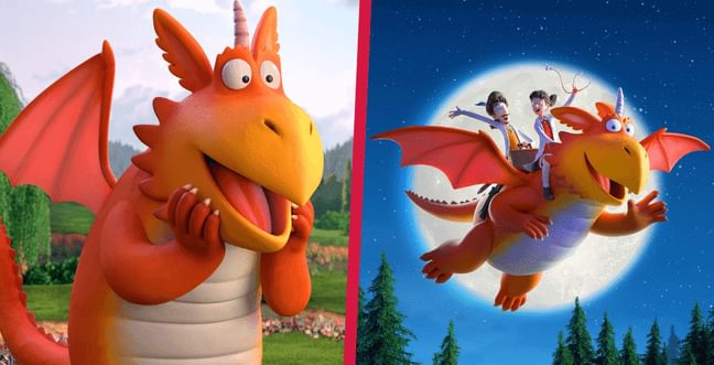 A collage with an orange animated dragon with it's hands on it's face next to an orange dragon in the night sky with two doctors riding on it's back