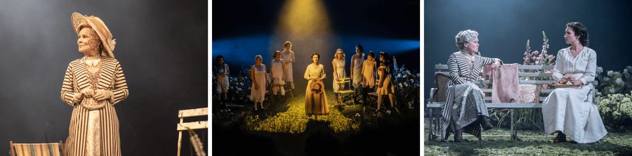 A collage of images, one has a woman in a striped dress and hat. The middle image is a group scene of women, lit with bright, warm lights on stage. The last image is of two women on a floral bench.