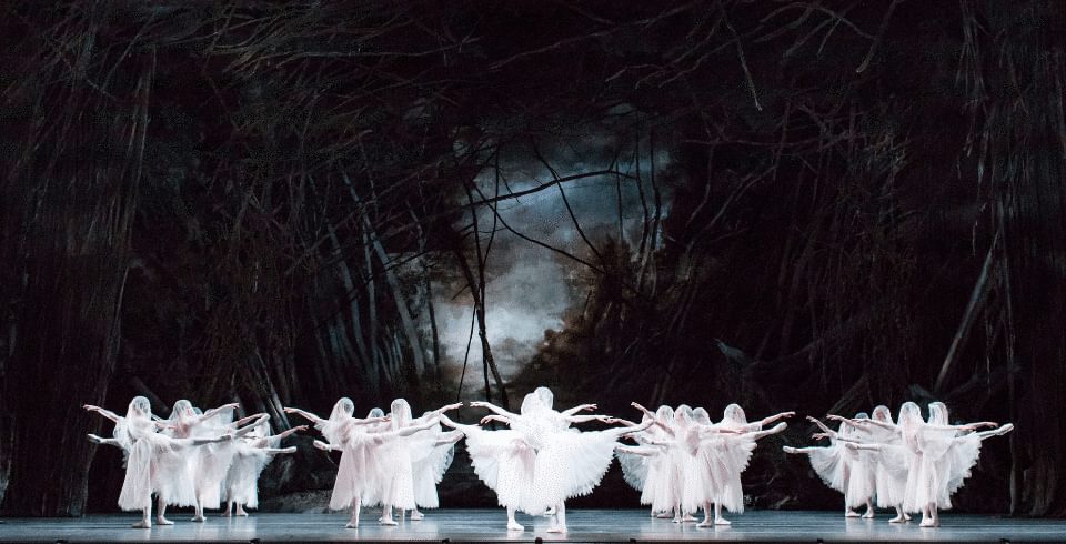A group of dancers onstage, all wearing white skirts in front of a dark forest backdrop.