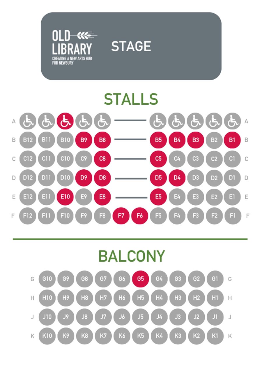 A seating plan with grey seats. The seats have been made red when seats are taken.