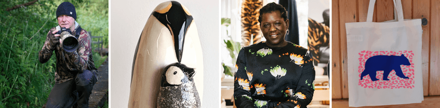 A collage of four images, a white male photographer in a field, a penguin statue out of clay, a black woman in a dark dress with a pattern and a tote bag of a bear against a wooden wall