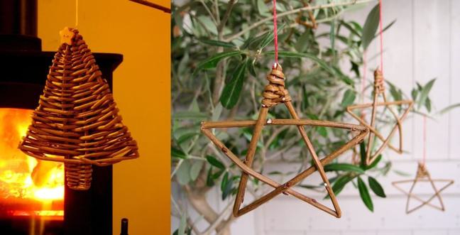 A christmas tree and a selection of star decorations made out of willow