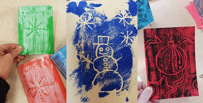 A selection of colourful festive cards with images of snowflakes, snowmen and baubles