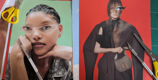 A collage of fashion photographs on a page with yellow handled scissors and a paper cutting tool