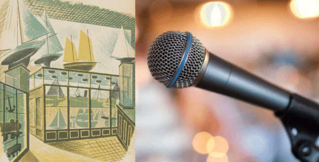 A picture using green and yellow colours to create an image of a shop selling model boats. Also a picture of a microphone beside it.