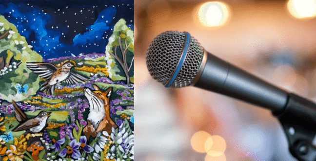 A colourful painting of a night scene in a forest that depicts a fox and birds looking up at a starry sky. This is beside an image of a microphone.