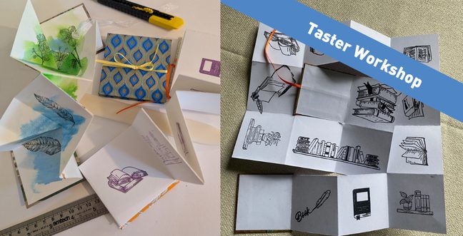 A collage of folded books with a blue stripe in the right corner that has the words 'Taster Workshop'