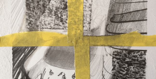 A graphite drawing separated into 4 quarters by yellow masking tape