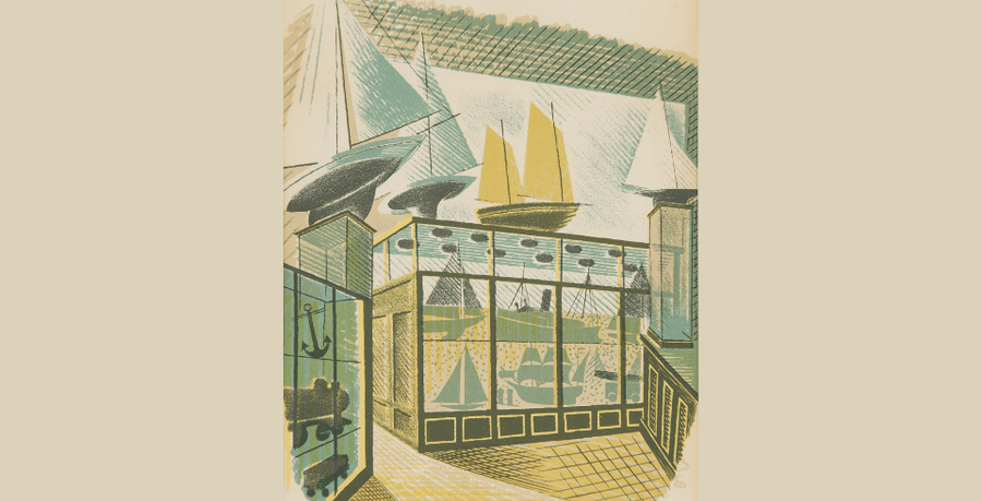 A linograph of a green, blue and cream drawing of model ships in a shelving unit
