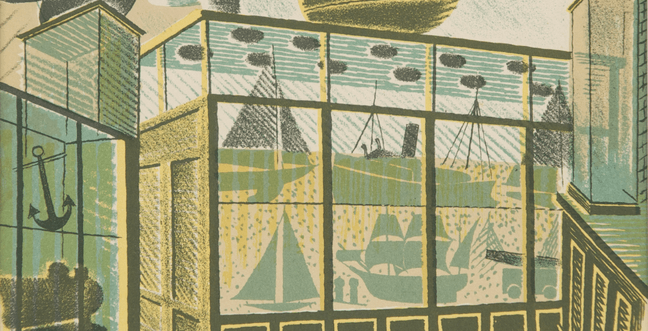 A linograph of a green, blue and cream drawing of model ships in a shelving unit
