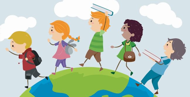 A cartoon image of some children walking on the earth