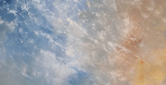 A detailed painting of a cloudy sky with blue and yellow colours