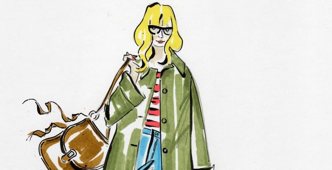 A drawing of a woman wearing a green coat and holding a brown bag.