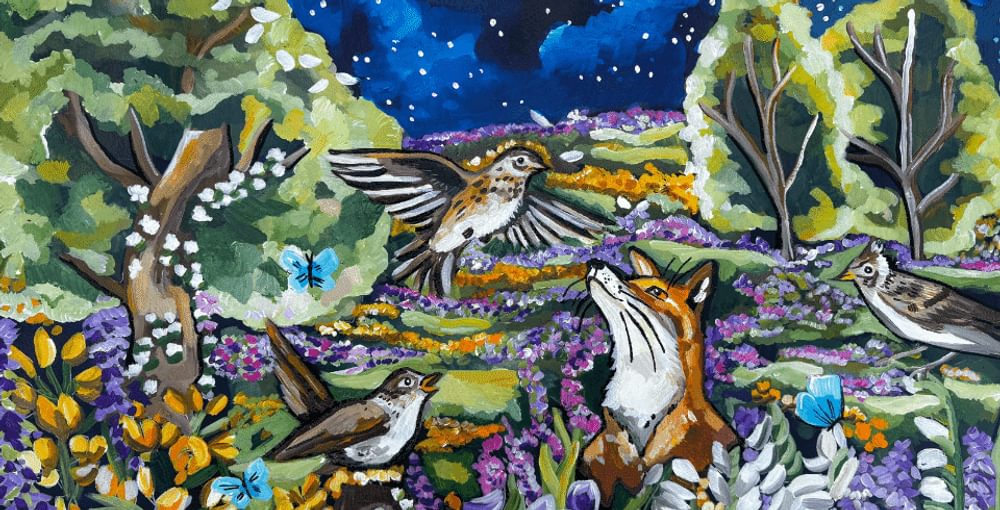 A colourful painting of a forest at night, showing a fox and two birds surrounded by flowers.