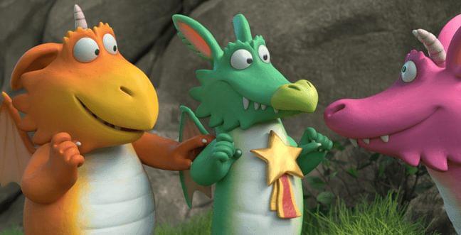 Three cartoon dragons, one orange, one green and one pink. The green dragon is wearing a star badge.
